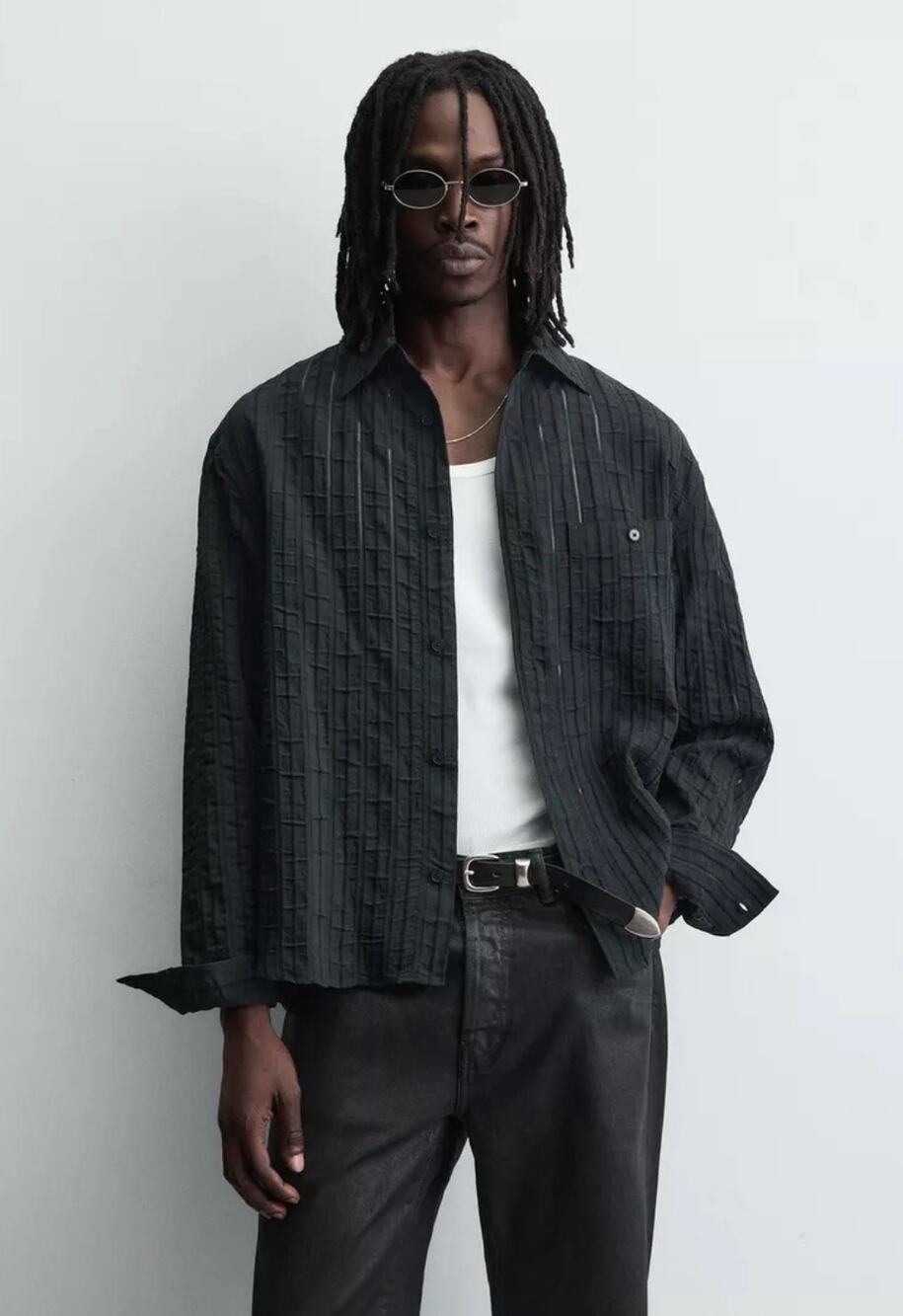 Zara Man Black Semi-Sheer Flowy Pleated Panel Tuxedo Style Shirt NWT M